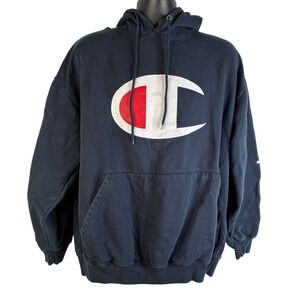 Champion Navy Blue Hoodie Sweatshirt Big C Logo Authentic Athleticwear 2XL READ